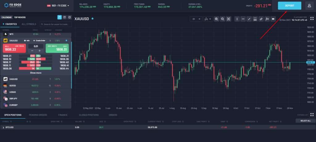 Match-Trader Trading platform - deposit to your hedge account 